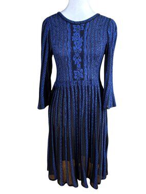 Aldomartins Knit Dress Cobalt Blue Black Wool Blend Textured Pleated Skirt (4)